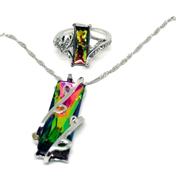 Silver Plated Mystic Topaz Ring And Necklace Set - Picture 1 of 12